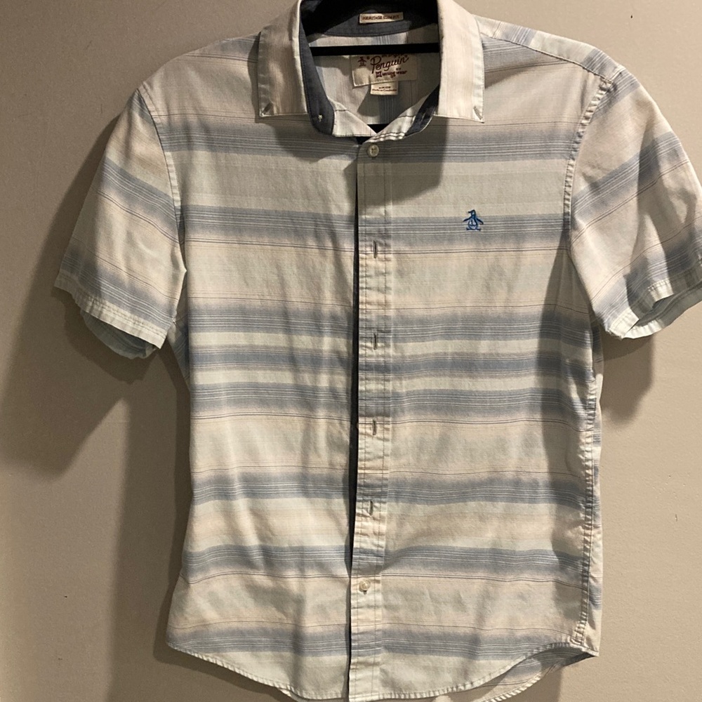 Original Penguin Men's Light Blue and White Striped Shirt